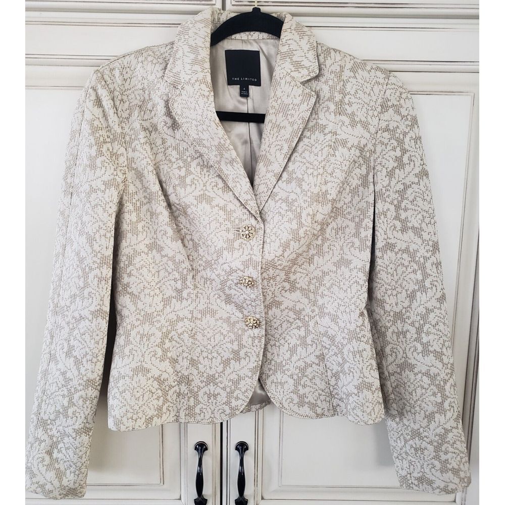 The Limited Jacquard Blazer Ivory Cream Gold‎ Shimmery Jewel Buttons Sz 4